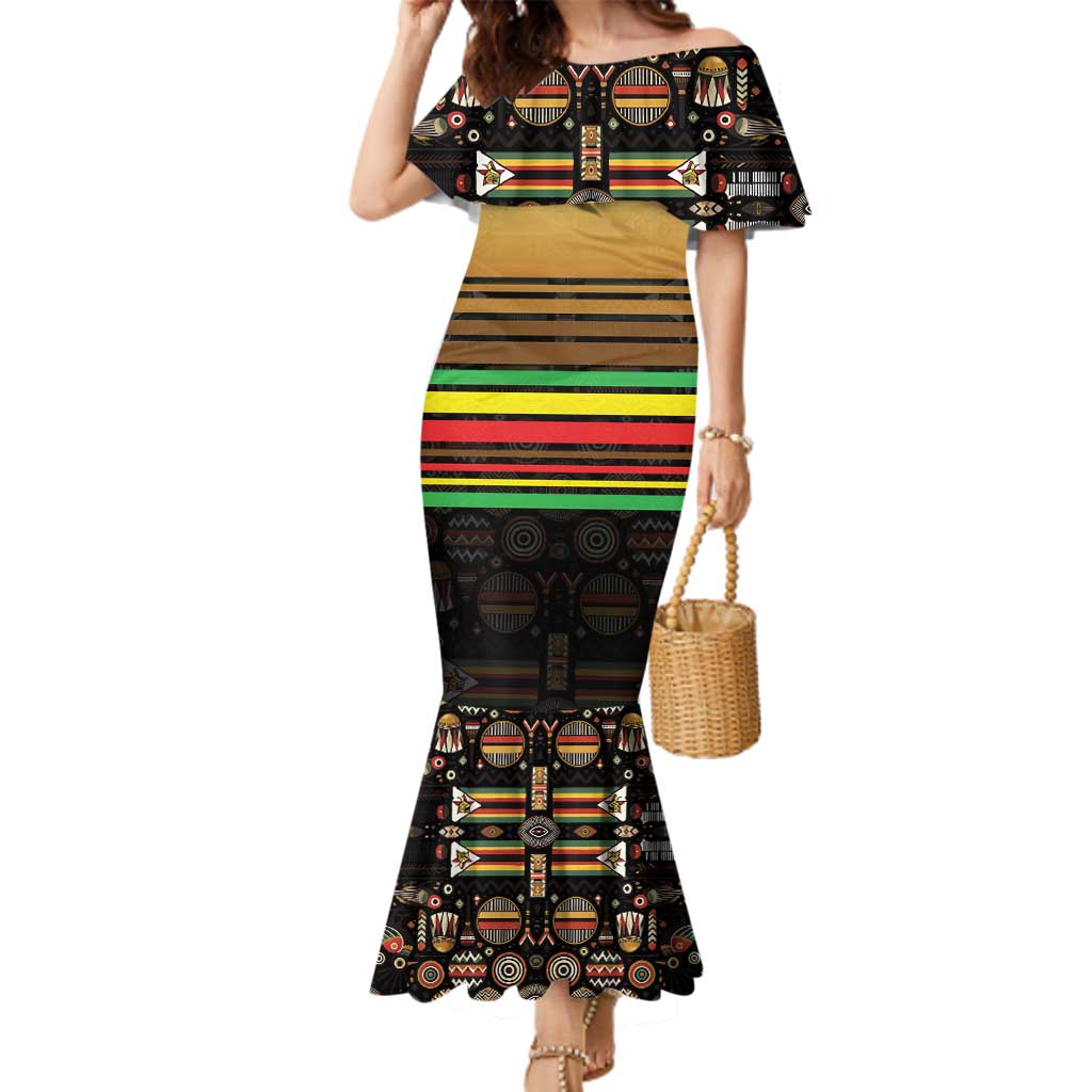 Zimbabwe Pride Family Matching Mermaid Dress and Hawaiian Shirt Zimbabwean Bird, Tribal Patterns and Pan-African Colors