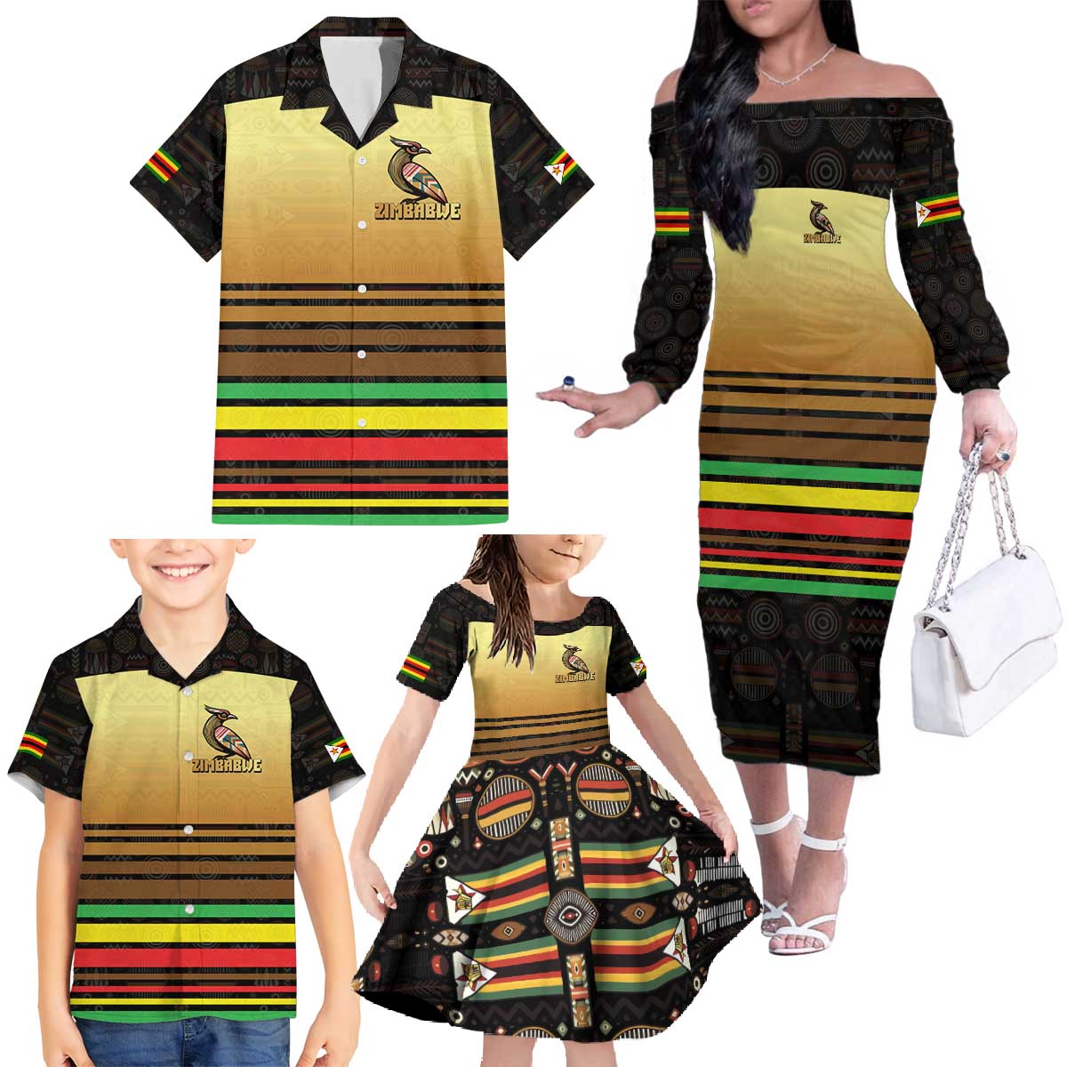 Zimbabwe Pride Family Matching Off The Shoulder Long Sleeve Dress and Hawaiian Shirt Zimbabwean Bird, Tribal Patterns and Pan-African Colors