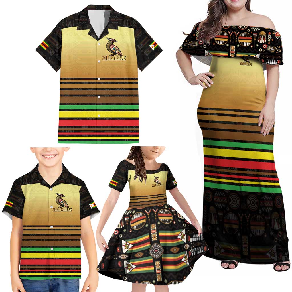 Zimbabwe Pride Family Matching Off Shoulder Maxi Dress and Hawaiian Shirt Zimbabwean Bird, Tribal Patterns and Pan-African Colors