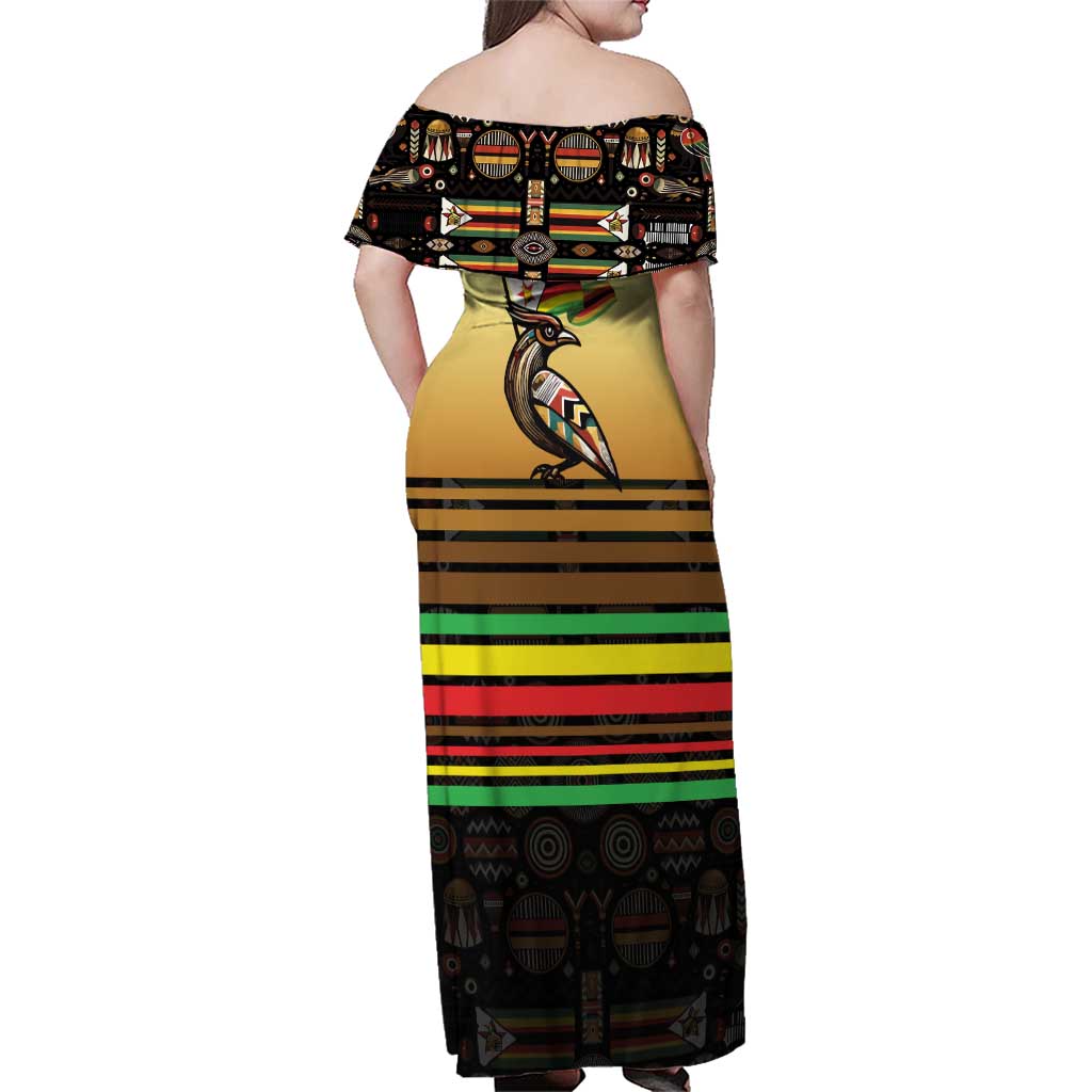 Zimbabwe Pride Family Matching Off Shoulder Maxi Dress and Hawaiian Shirt Zimbabwean Bird, Tribal Patterns and Pan-African Colors