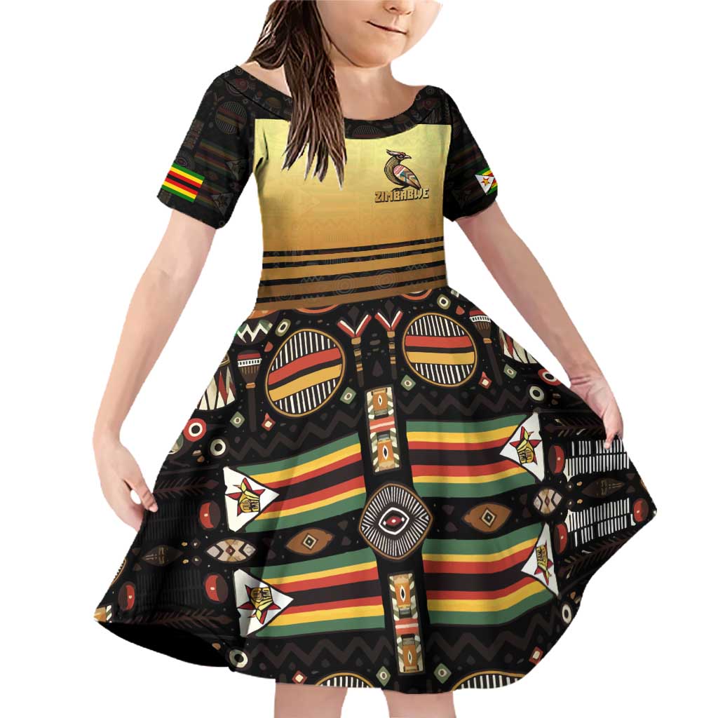 Zimbabwe Pride Family Matching Off Shoulder Short Dress and Hawaiian Shirt Zimbabwean Bird, Tribal Patterns and Pan-African Colors