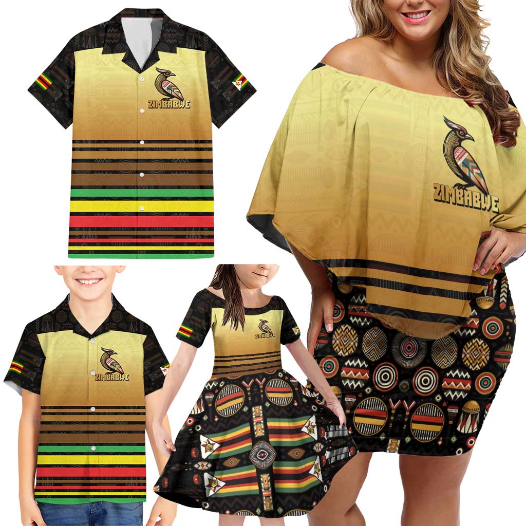 Zimbabwe Pride Family Matching Off Shoulder Short Dress and Hawaiian Shirt Zimbabwean Bird, Tribal Patterns and Pan-African Colors