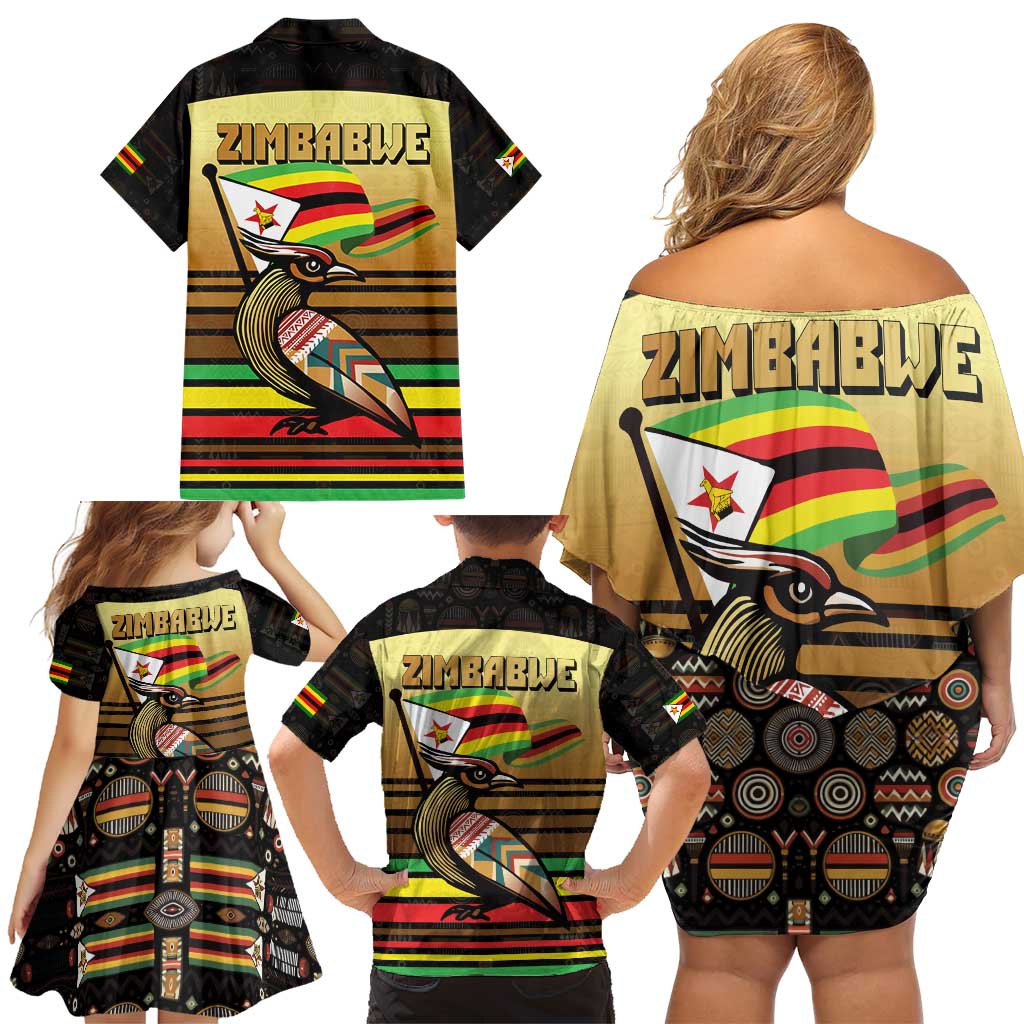 Zimbabwe Pride Family Matching Off Shoulder Short Dress and Hawaiian Shirt Zimbabwean Bird, Tribal Patterns and Pan-African Colors