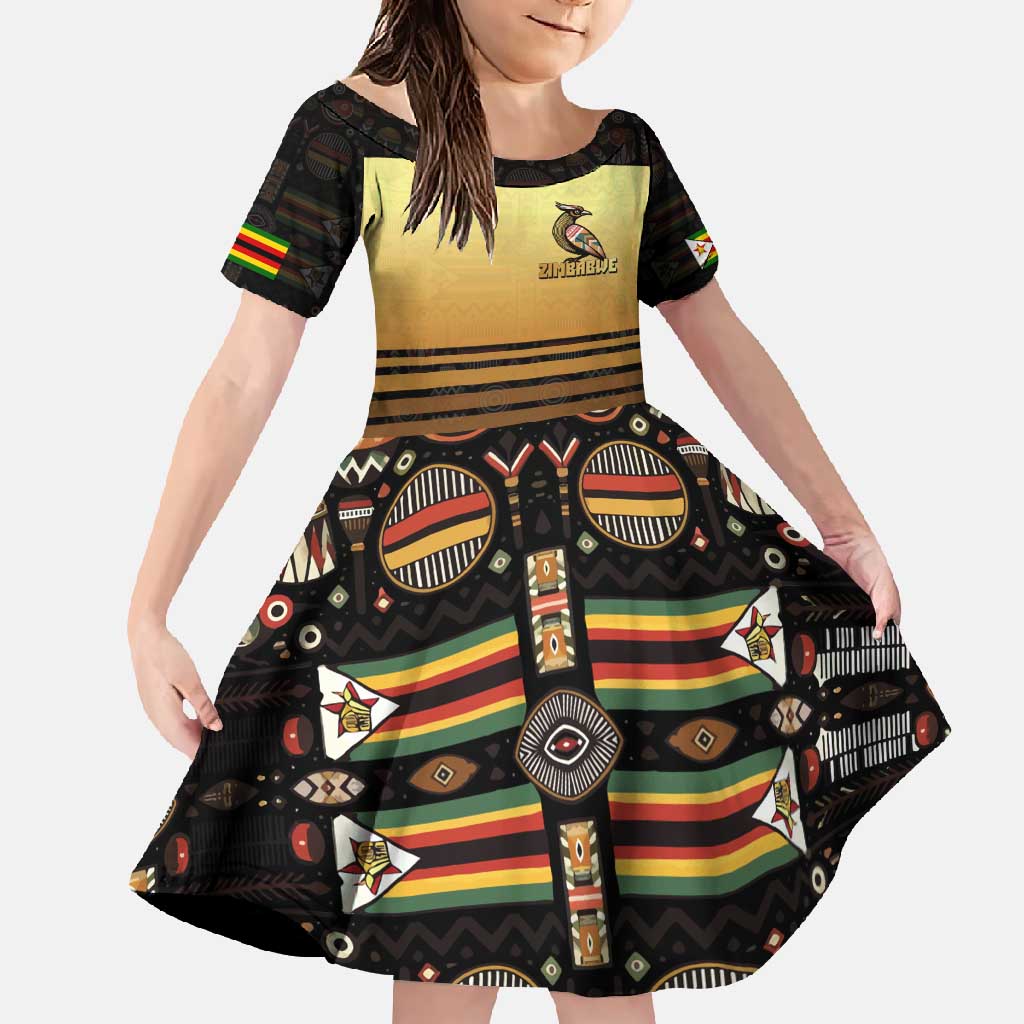 Zimbabwe Pride Family Matching Short Sleeve Bodycon Dress and Hawaiian Shirt Zimbabwean Bird, Tribal Patterns and Pan-African Colors