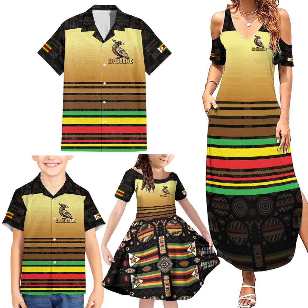Zimbabwe Pride Family Matching Summer Maxi Dress and Hawaiian Shirt Zimbabwean Bird, Tribal Patterns and Pan-African Colors