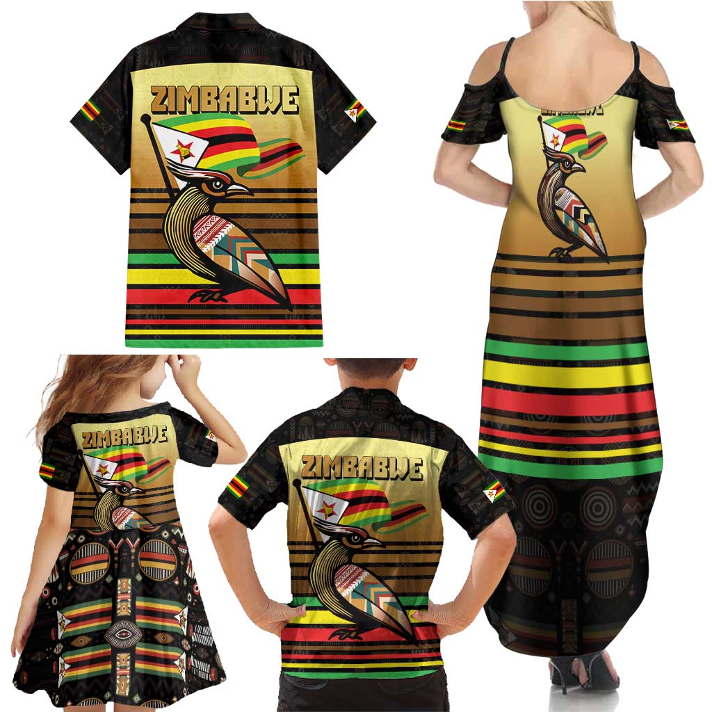 Zimbabwe Pride Family Matching Summer Maxi Dress and Hawaiian Shirt Zimbabwean Bird, Tribal Patterns and Pan-African Colors