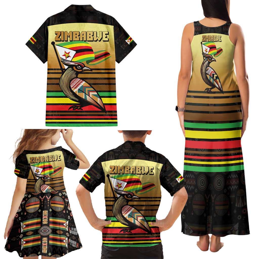Zimbabwe Pride Family Matching Tank Maxi Dress and Hawaiian Shirt Zimbabwean Bird, Tribal Patterns and Pan-African Colors
