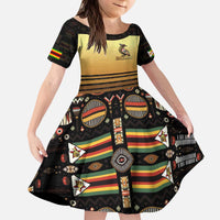 Zimbabwe Pride Kid Short Sleeve Dress Zimbabwean Bird, Tribal Patterns and Pan-African Colors