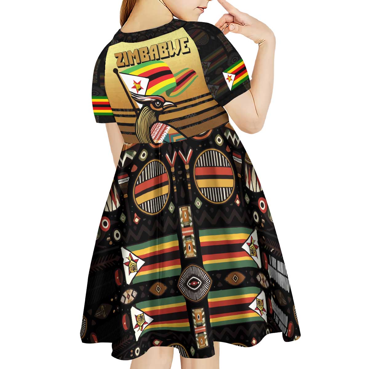 Zimbabwe Pride Kid Short Sleeve Dress Zimbabwean Bird, Tribal Patterns and Pan-African Colors