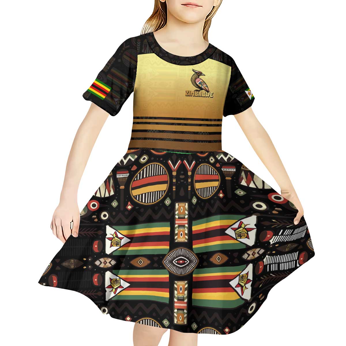 Zimbabwe Pride Kid Short Sleeve Dress Zimbabwean Bird, Tribal Patterns and Pan-African Colors