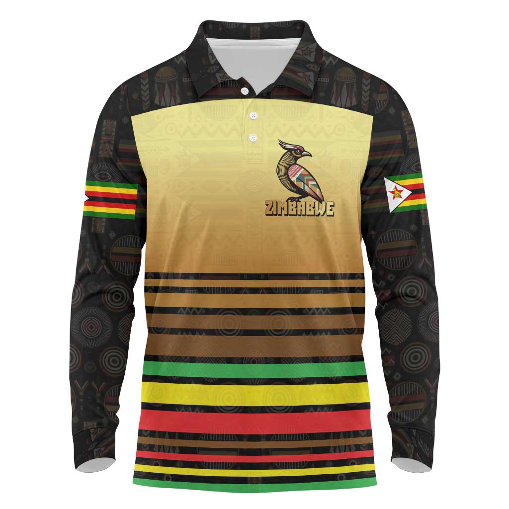 Zimbabwe Pride Long Sleeve Polo Shirt Zimbabwean Bird, Tribal Patterns and Pan-African Colors