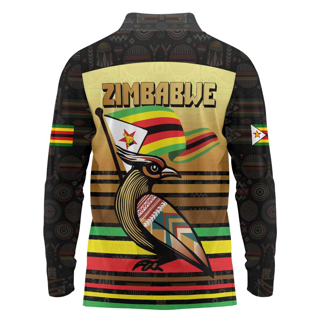 Zimbabwe Pride Long Sleeve Polo Shirt Zimbabwean Bird, Tribal Patterns and Pan-African Colors