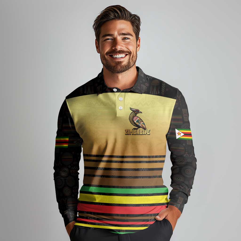 Zimbabwe Pride Long Sleeve Polo Shirt Zimbabwean Bird, Tribal Patterns and Pan-African Colors