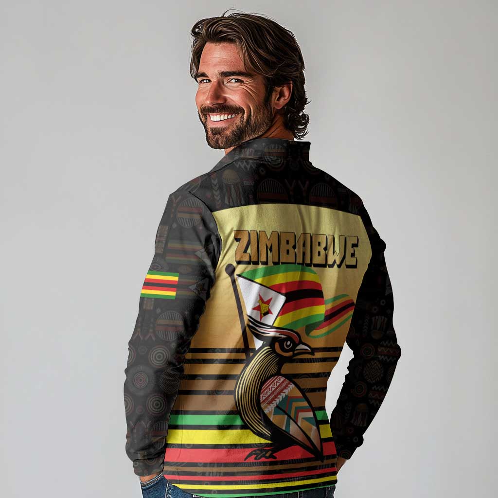 Zimbabwe Pride Long Sleeve Polo Shirt Zimbabwean Bird, Tribal Patterns and Pan-African Colors