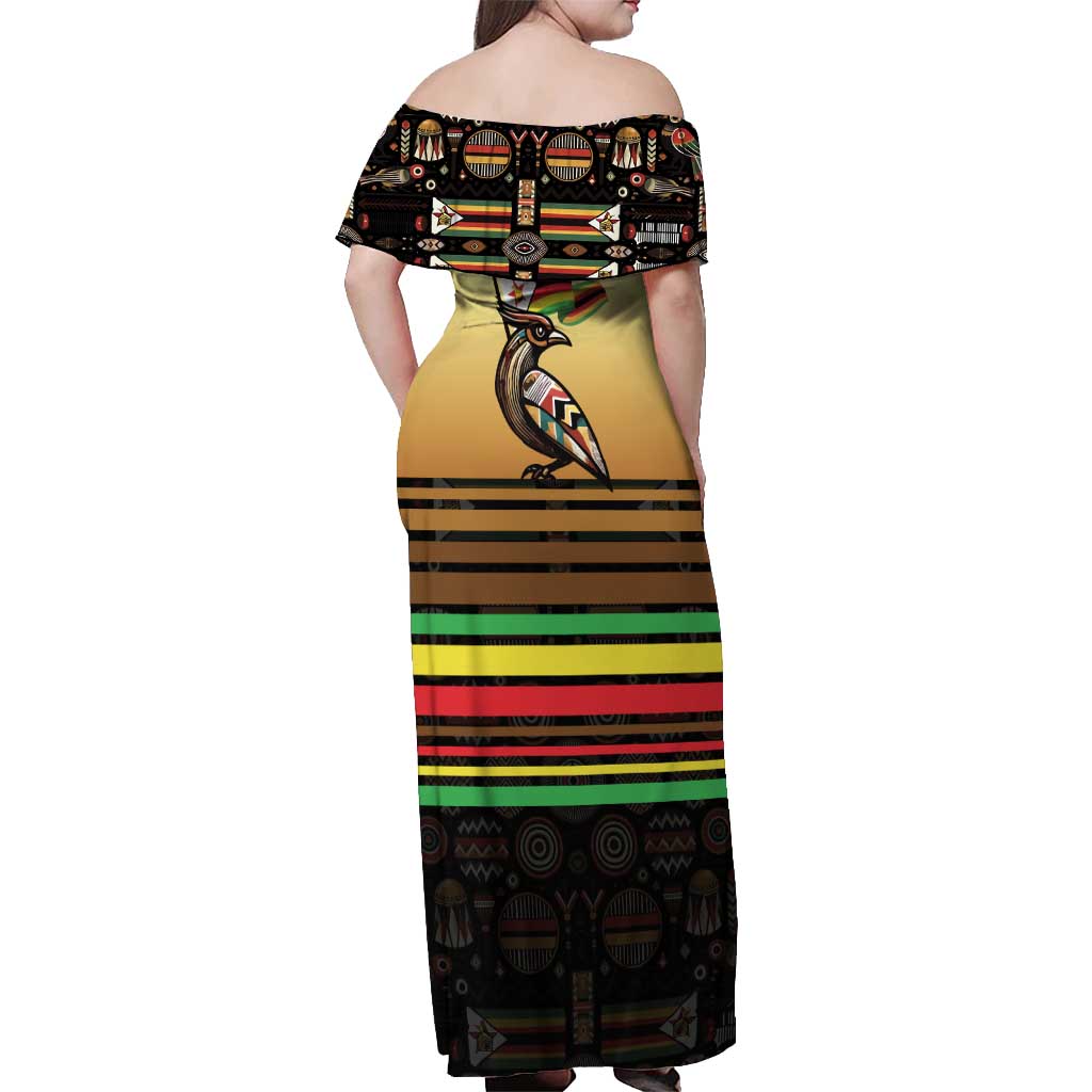 Zimbabwe Pride Off Shoulder Maxi Dress Zimbabwean Bird, Tribal Patterns and Pan-African Colors