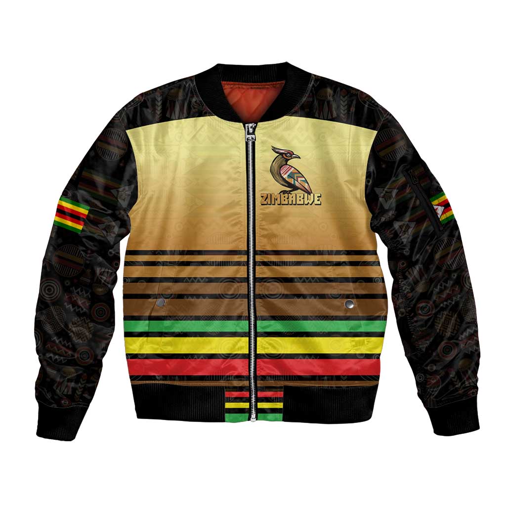 Zimbabwe Pride Sleeve Zip Bomber Jacket Zimbabwean Bird, Tribal Patterns and Pan-African Colors