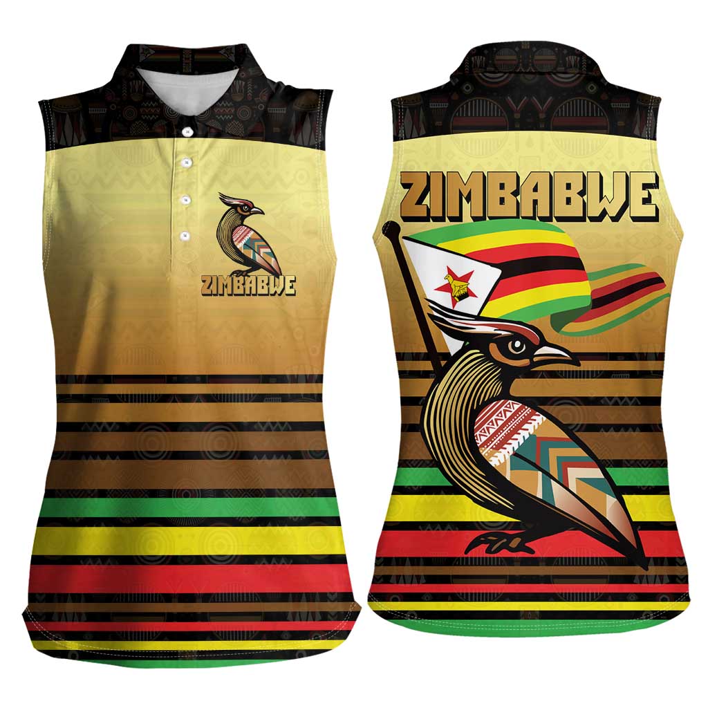 Zimbabwe Pride Women Sleeveless Polo Shirt Zimbabwean Bird, Tribal Patterns and Pan-African Colors