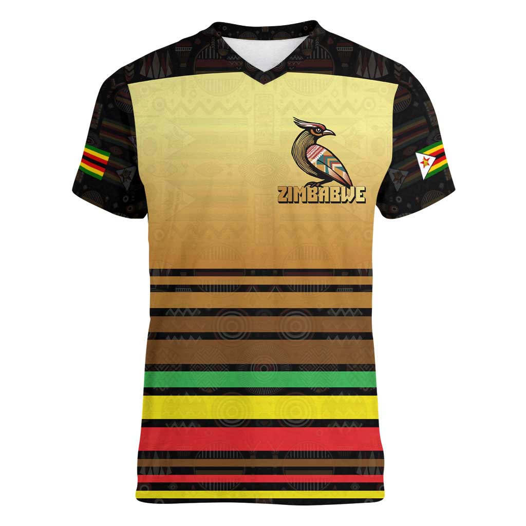 Zimbabwe Pride Women V-Neck T-Shirt Zimbabwean Bird, Tribal Patterns and Pan-African Colors