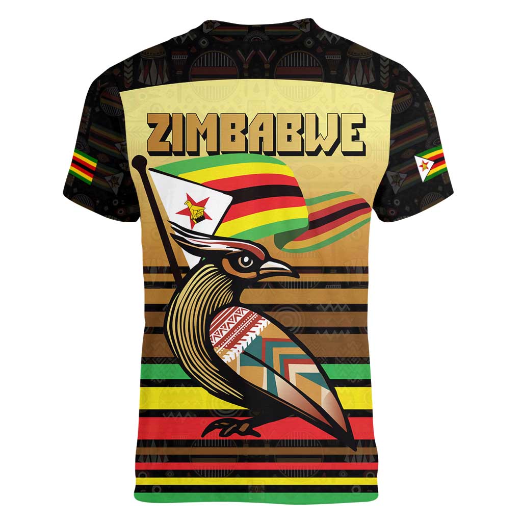 Zimbabwe Pride Women V-Neck T-Shirt Zimbabwean Bird, Tribal Patterns and Pan-African Colors