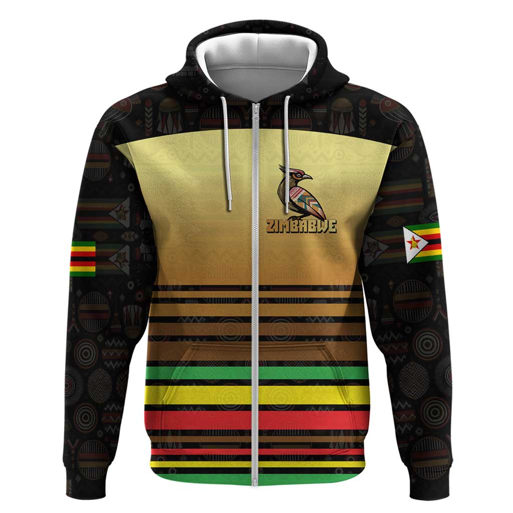 Zimbabwe Pride Zip Hoodie Zimbabwean Bird, Tribal Patterns and Pan-African Colors