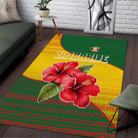 Zimbabwe Flag Map and Red Hibiscus Flowers Area Rug with African Tribal Pattern