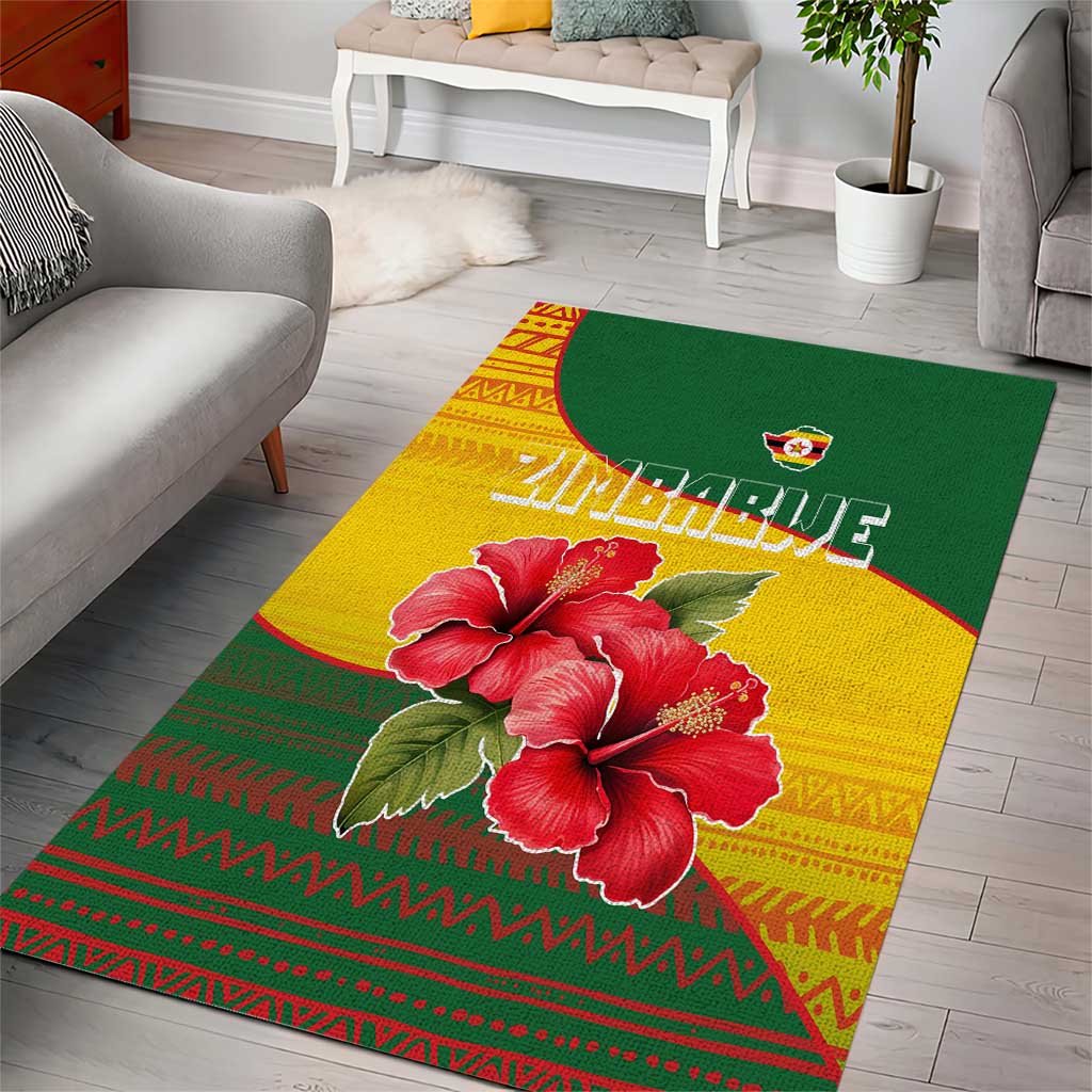 Zimbabwe Flag Map and Red Hibiscus Flowers Area Rug with African Tribal Pattern