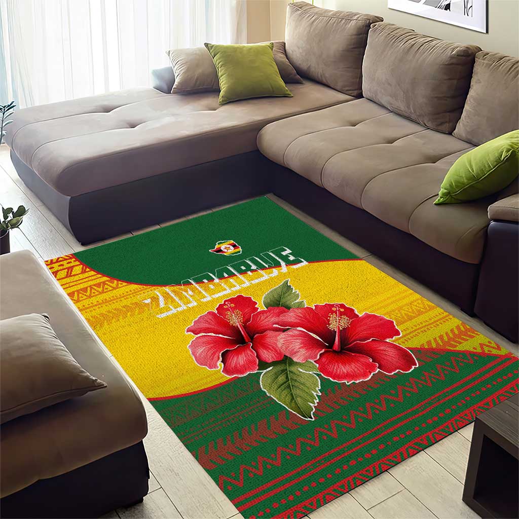 Zimbabwe Flag Map and Red Hibiscus Flowers Area Rug with African Tribal Pattern