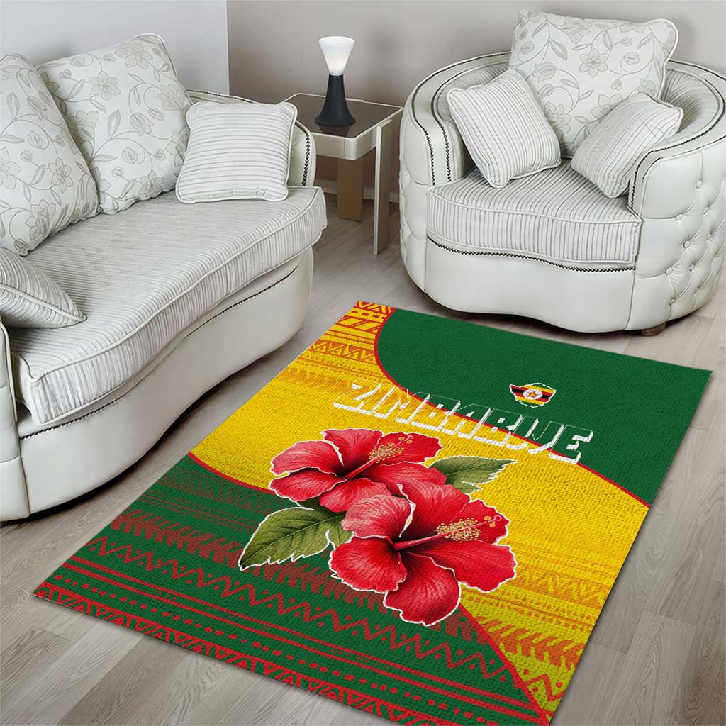 Zimbabwe Flag Map and Red Hibiscus Flowers Area Rug with African Tribal Pattern