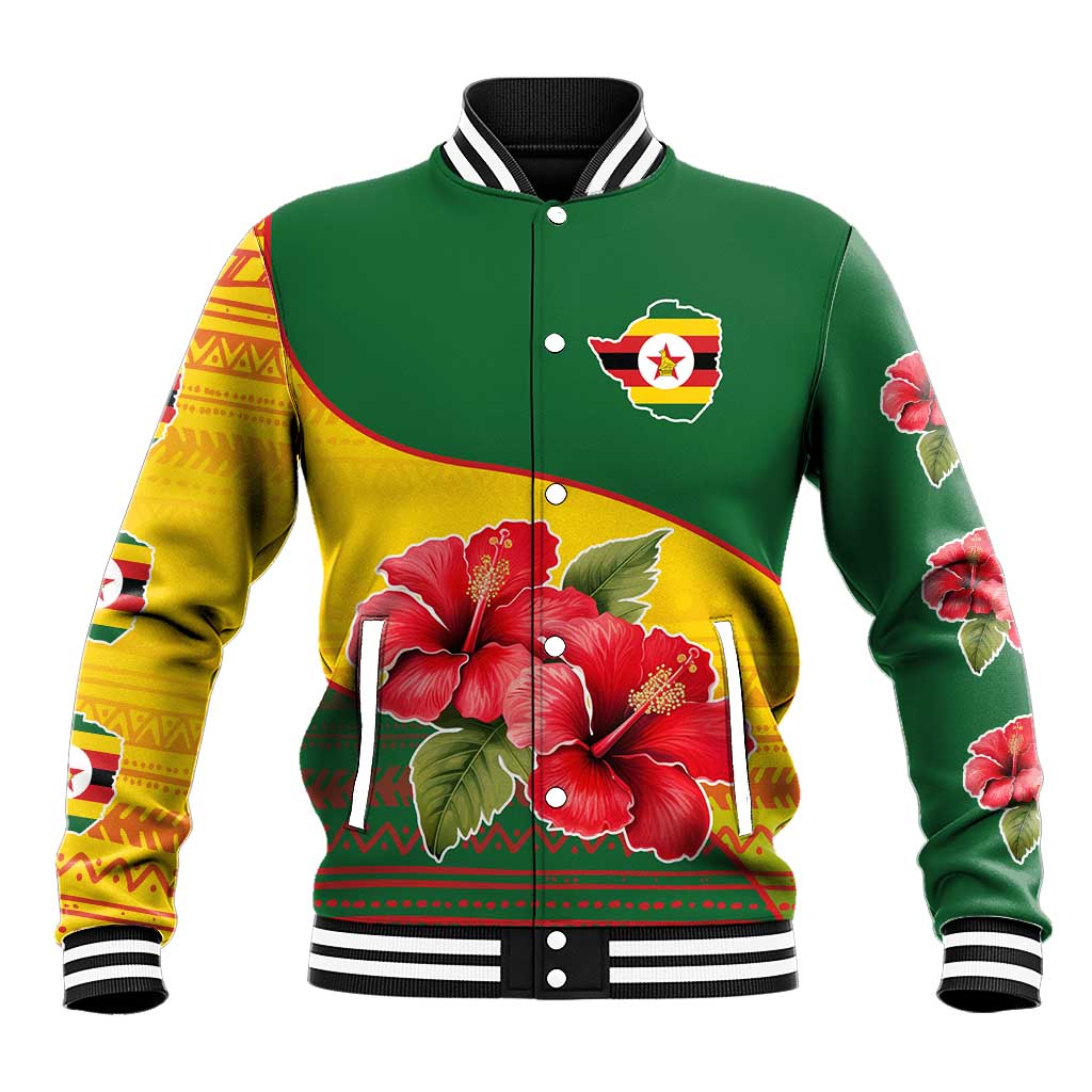 Zimbabwe Flag Map and Red Hibiscus Flowers Baseball Jacket with African Tribal Pattern