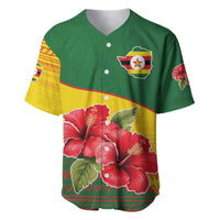 Zimbabwe Flag Map and Red Hibiscus Flowers Baseball Jersey with African Tribal Pattern