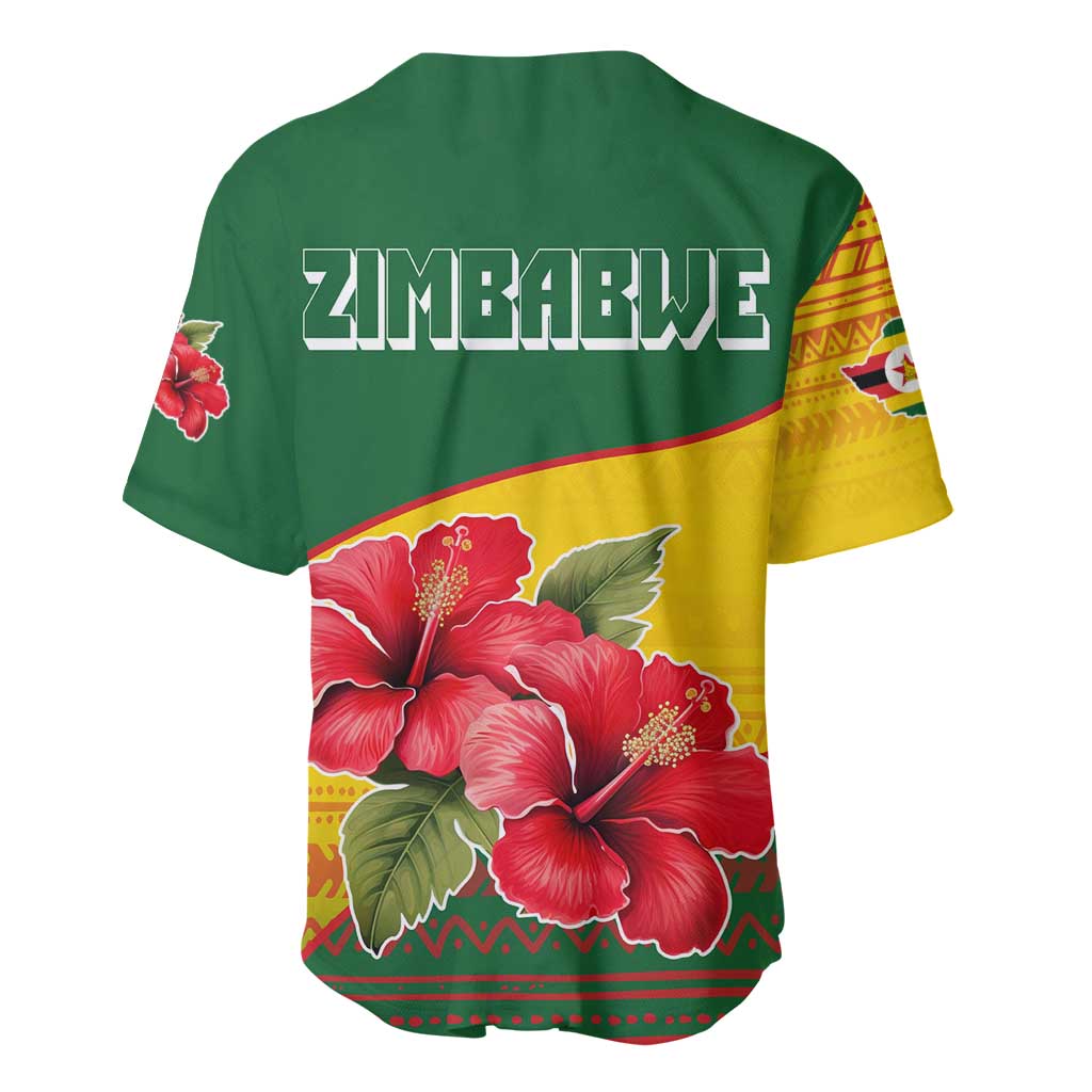 Zimbabwe Flag Map and Red Hibiscus Flowers Baseball Jersey with African Tribal Pattern