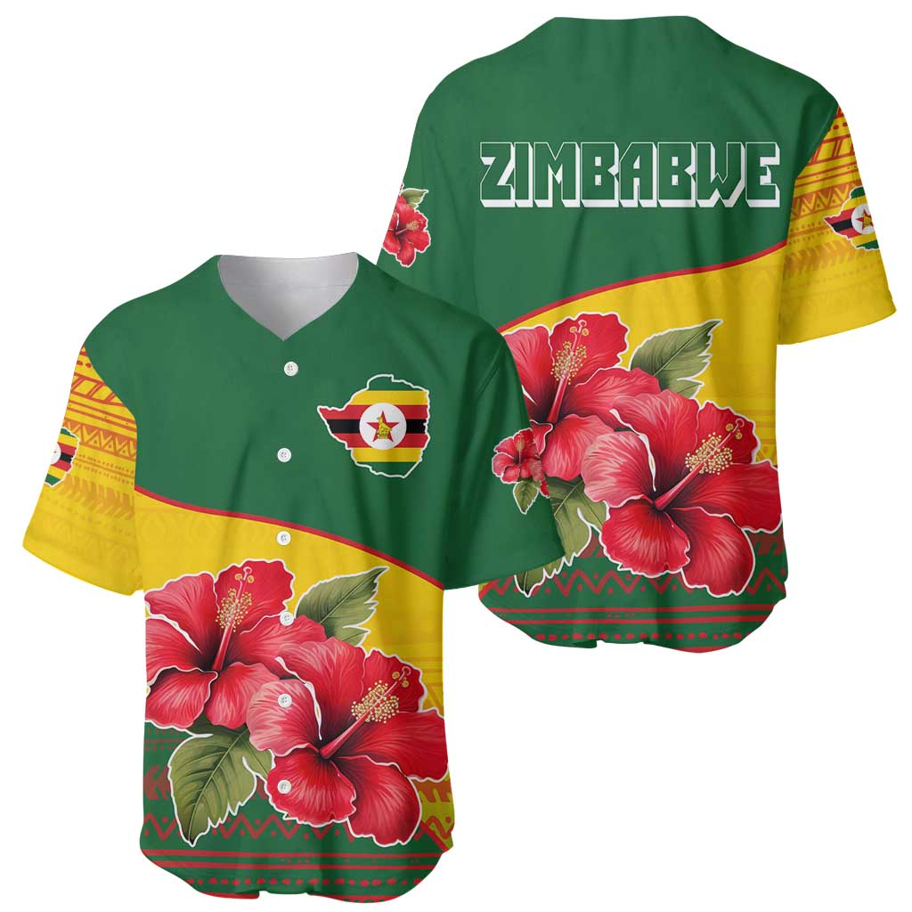 Zimbabwe Flag Map and Red Hibiscus Flowers Baseball Jersey with African Tribal Pattern