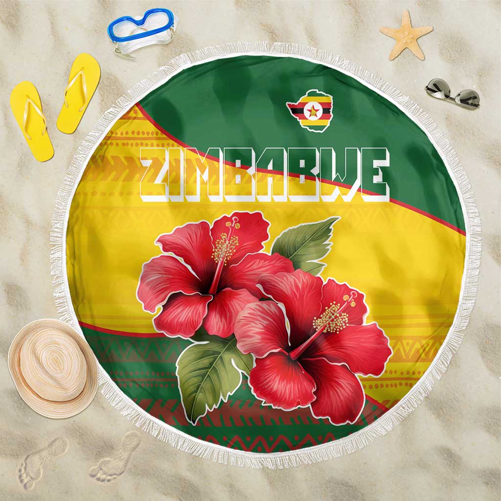 Zimbabwe Flag Map and Red Hibiscus Flowers Beach Blanket with African Tribal Pattern