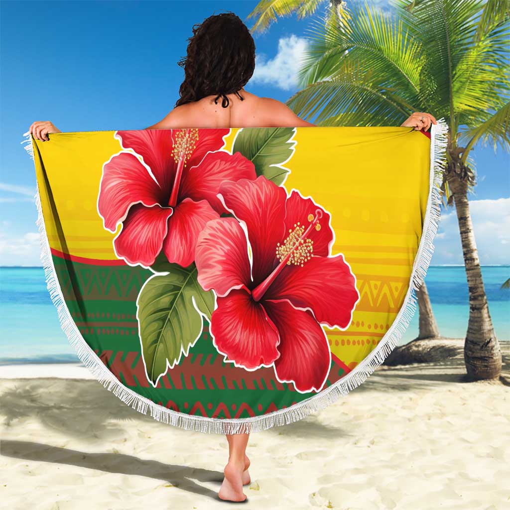 Zimbabwe Flag Map and Red Hibiscus Flowers Beach Blanket with African Tribal Pattern