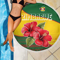 Zimbabwe Flag Map and Red Hibiscus Flowers Beach Blanket with African Tribal Pattern