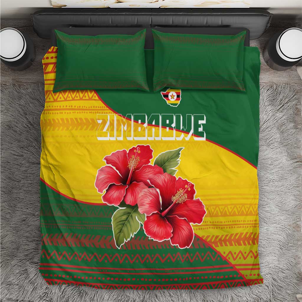 Zimbabwe Flag Map and Red Hibiscus Flowers Bedding Set with African Tribal Pattern