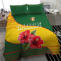 Zimbabwe Flag Map and Red Hibiscus Flowers Bedding Set with African Tribal Pattern