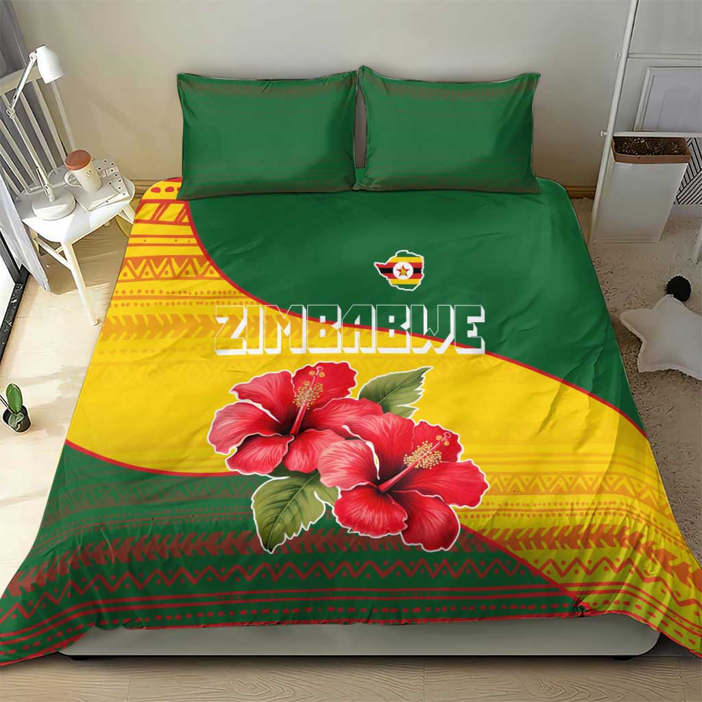 Zimbabwe Flag Map and Red Hibiscus Flowers Bedding Set with African Tribal Pattern