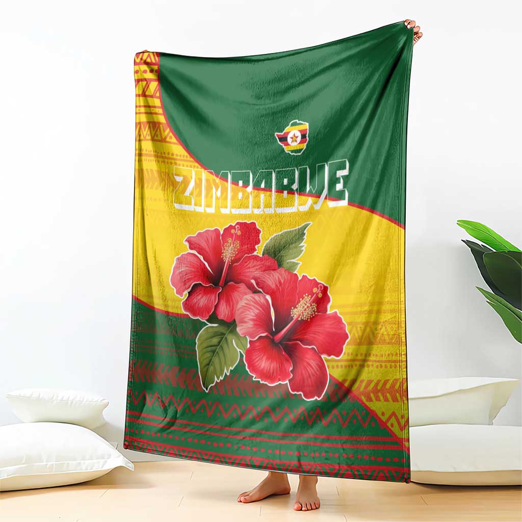 Zimbabwe Flag Map and Red Hibiscus Flowers Blanket with African Tribal Pattern
