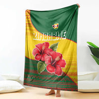 Zimbabwe Flag Map and Red Hibiscus Flowers Blanket with African Tribal Pattern