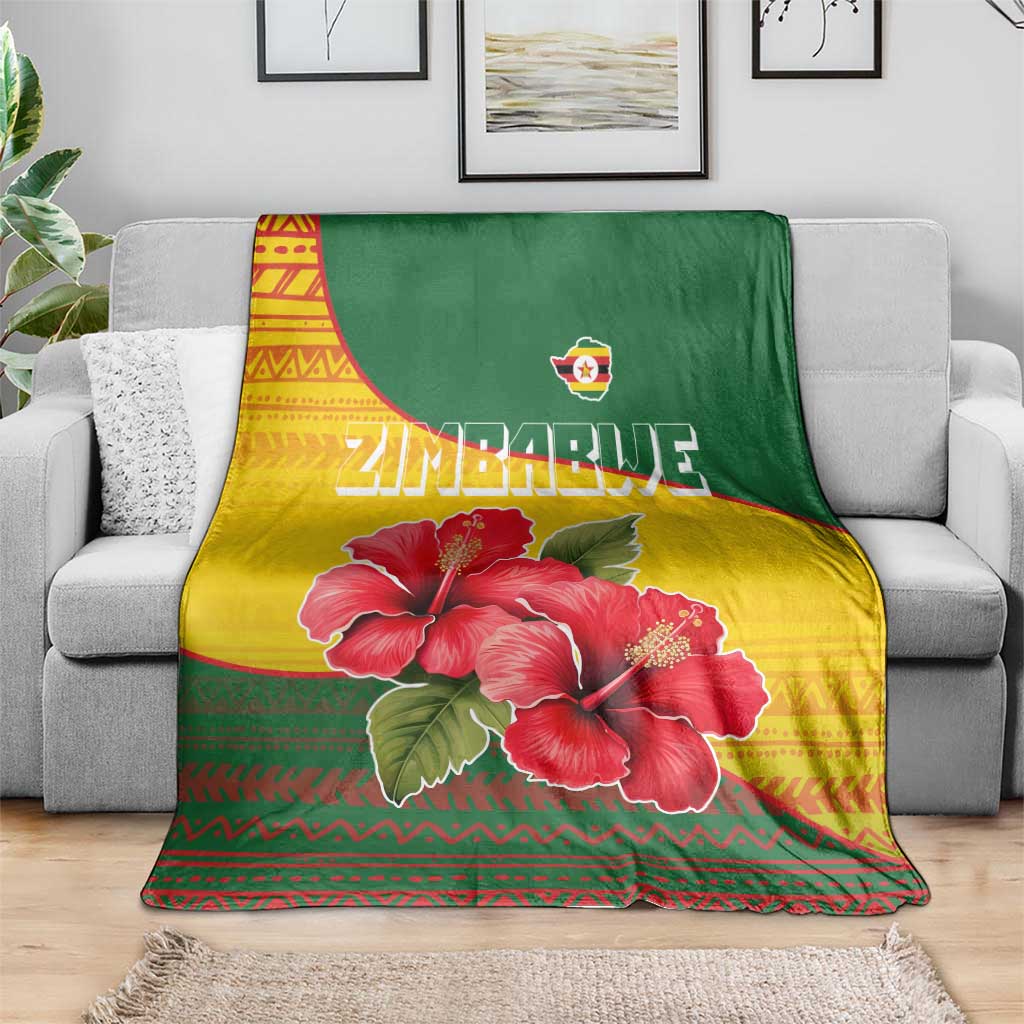 Zimbabwe Flag Map and Red Hibiscus Flowers Blanket with African Tribal Pattern