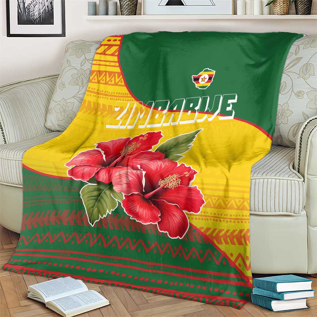 Zimbabwe Flag Map and Red Hibiscus Flowers Blanket with African Tribal Pattern