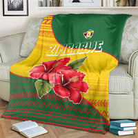 Zimbabwe Flag Map and Red Hibiscus Flowers Blanket with African Tribal Pattern