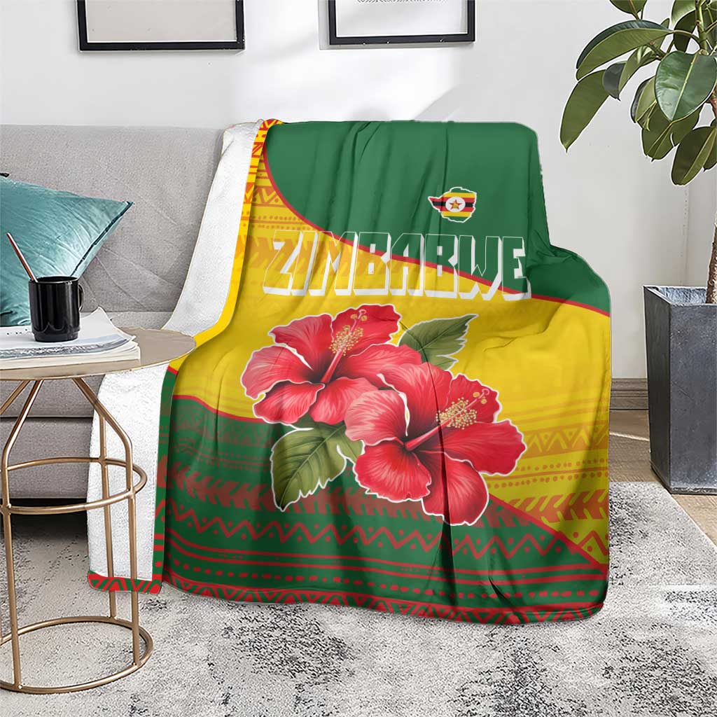 Zimbabwe Flag Map and Red Hibiscus Flowers Blanket with African Tribal Pattern