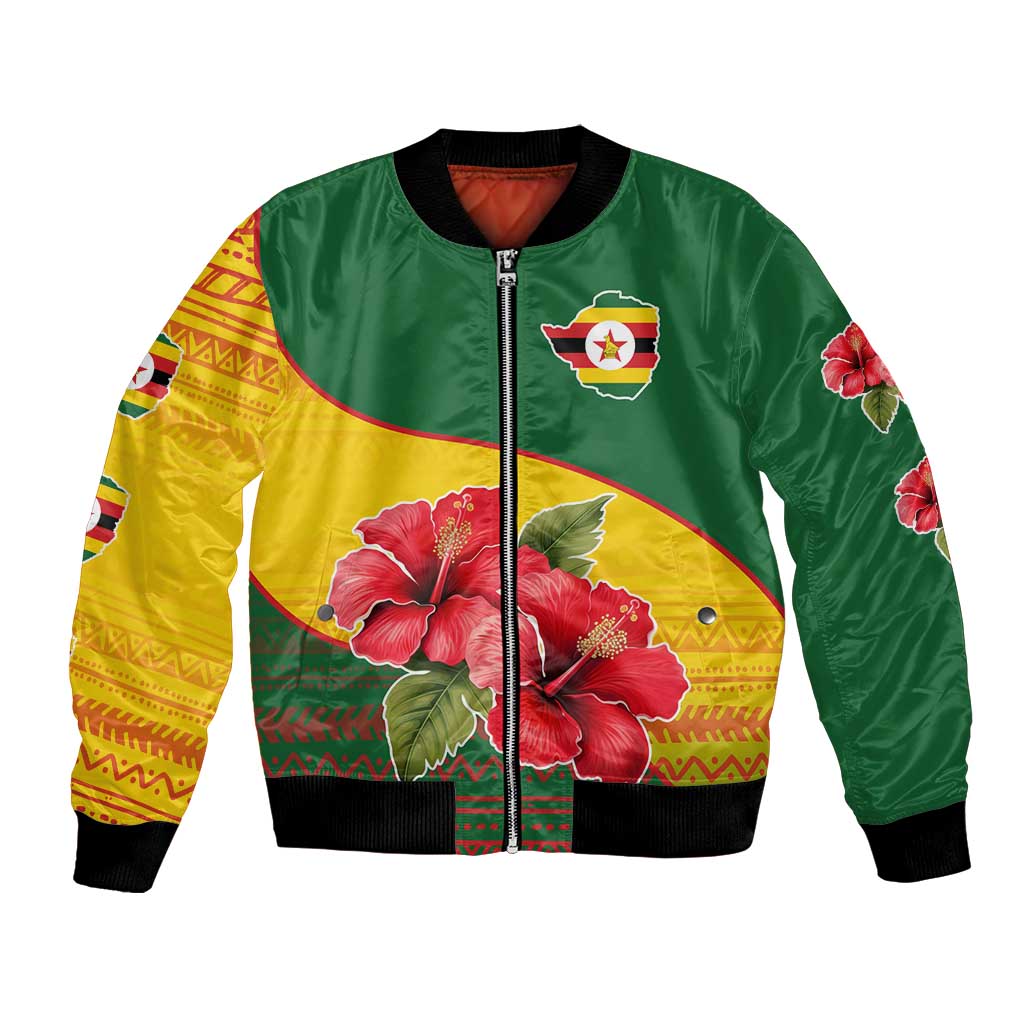 Zimbabwe Flag Map and Red Hibiscus Flowers Bomber Jacket with African Tribal Pattern