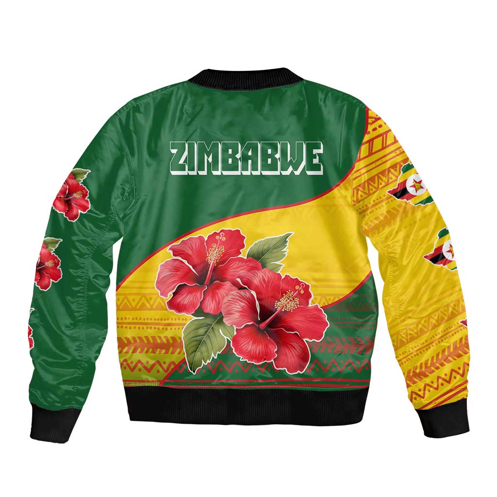 Zimbabwe Flag Map and Red Hibiscus Flowers Bomber Jacket with African Tribal Pattern