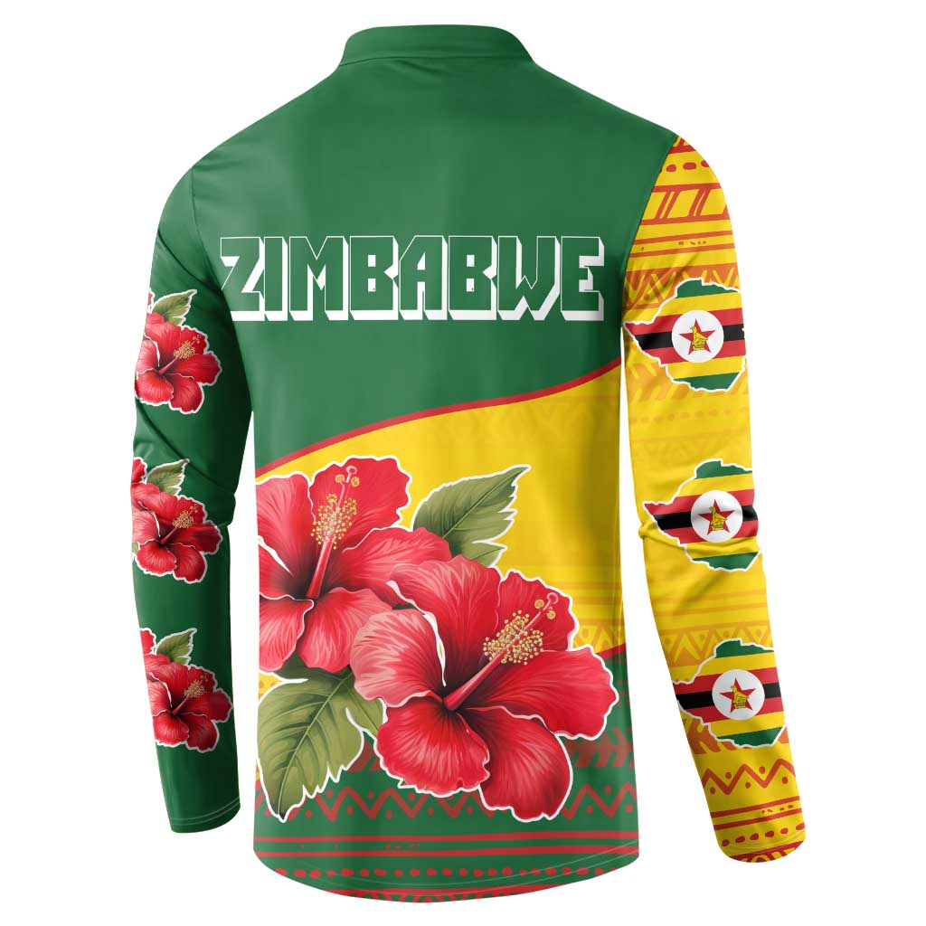 Zimbabwe Flag Map and Red Hibiscus Flowers Button Sweatshirt with African Tribal Pattern