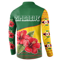 Zimbabwe Flag Map and Red Hibiscus Flowers Button Sweatshirt with African Tribal Pattern
