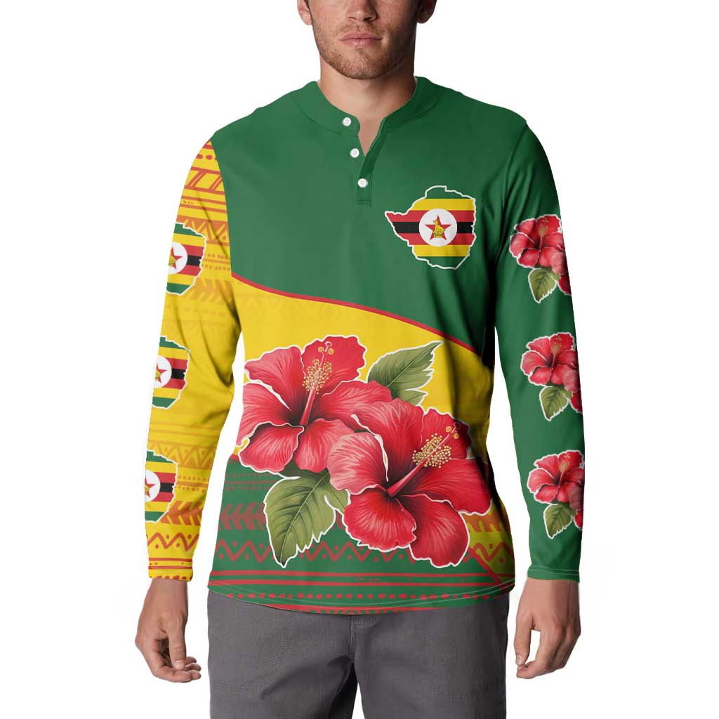 Zimbabwe Flag Map and Red Hibiscus Flowers Button Sweatshirt with African Tribal Pattern