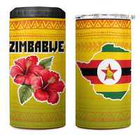 Zimbabwe Flag Map and Red Hibiscus Flowers 4 in 1 Can Cooler Tumbler with African Tribal Pattern